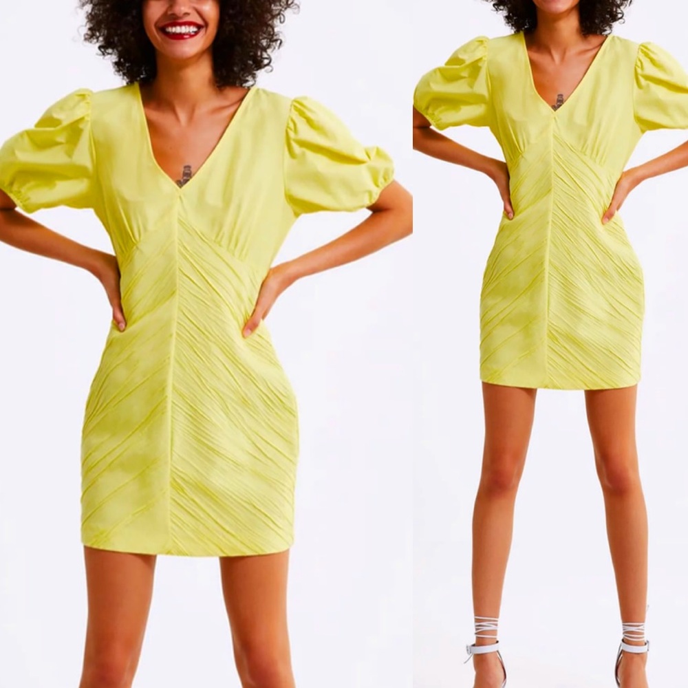 ZARA bright yellow puff sleeve ruffle cotton v-neck mini dress size small
